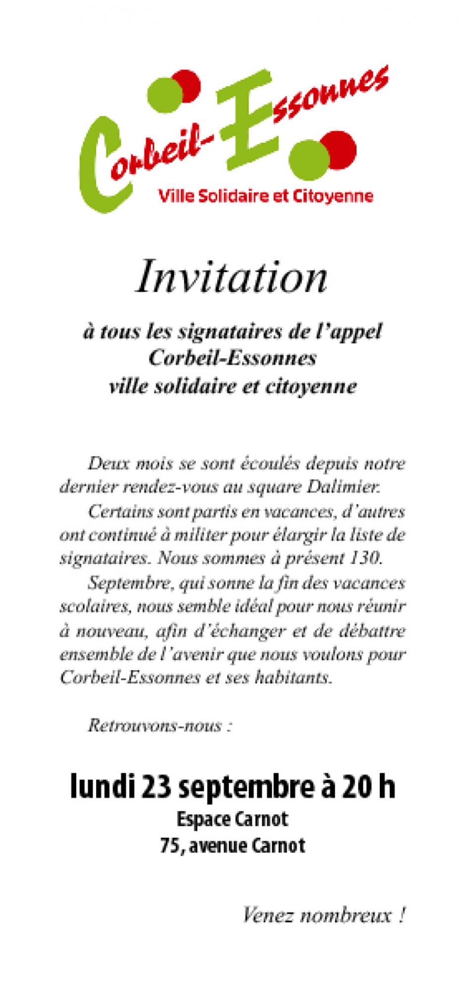 Réunion des signataires de Corbeil-Essonnes solidaire et citoyenne lundi 23 septembre